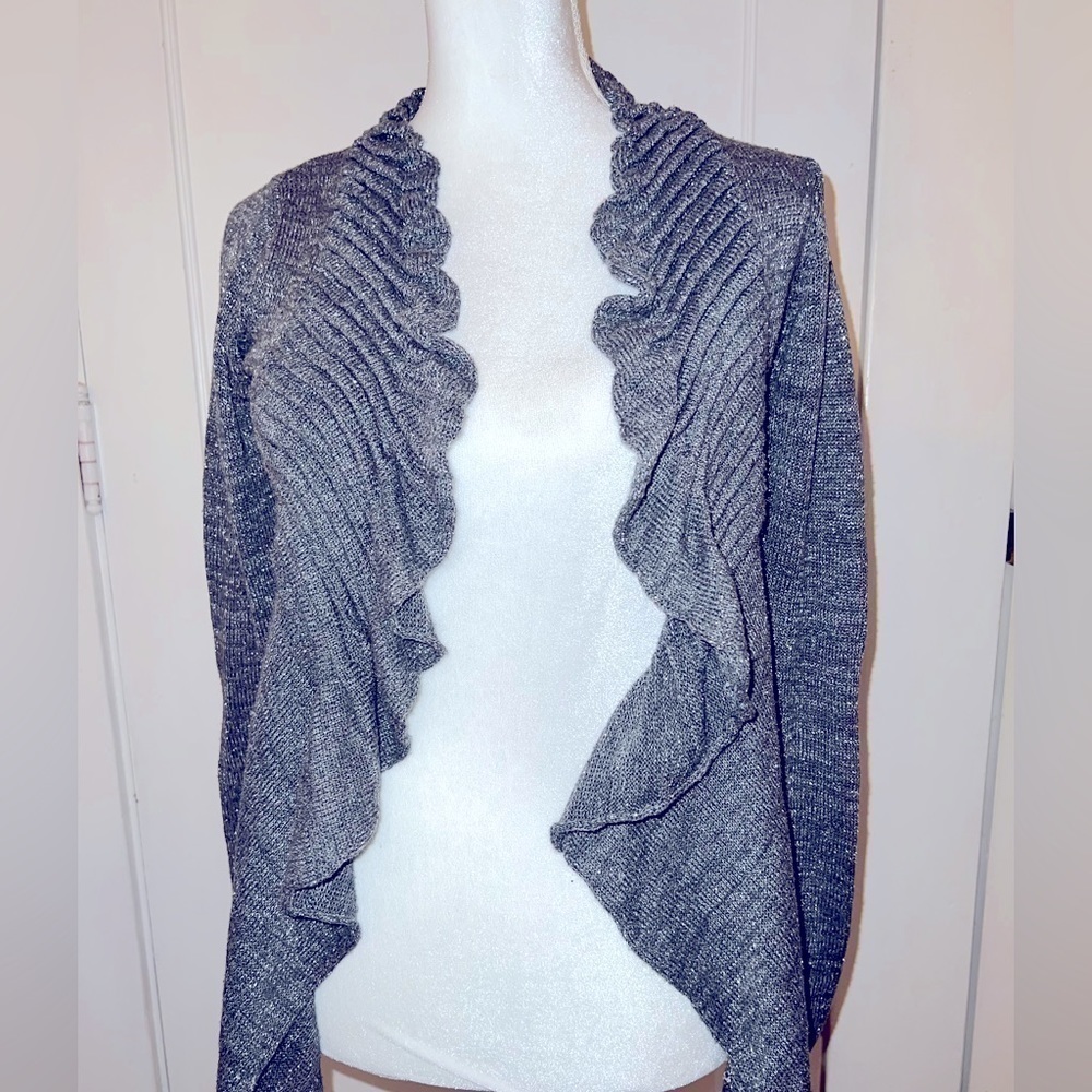 Scalloped soft silver cardigan, open front, with metallic threads.